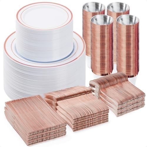 BESTVIP 600PCS Rose Gold Dinnerware Set for 100 Guests, Plastic Plates - color: Rose Gold, size: 100 Guests