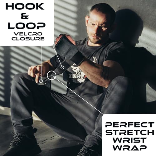BEAST RAGE Inner Gloves with Hand Wraps Quick Wrap Long 36" Wrist Support MMA Muay Thai Bandages Punching Martial Arts Training Men Women Kickboxing Bandages Under Bag Gloves - color: Black Rage, size: XL (Adult)