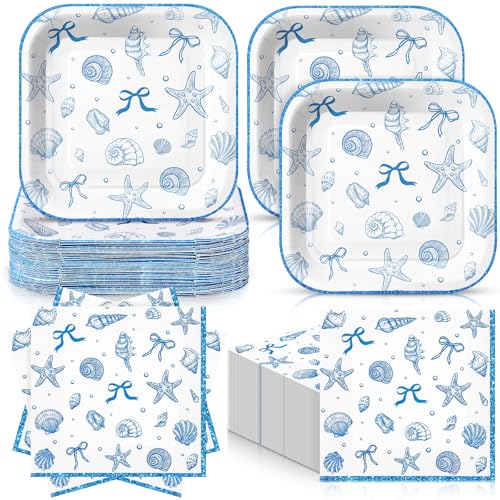 Zhehao 72 Pcs Coastal Seashell Plates and Napkins Set Serve 36, 7" Ocean Beach Party Supplies Disposable Blue Bow Starfish Seashell Beach Bachelorette Under The Sea Dinnerware Decoration - style: Seashell