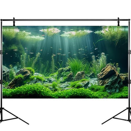 Underwater Aquatic Seagrass Aquarium Background Under The Sea Grass Leaves Lush Green Moss Fish Tank Background Deep Sea Rock Cork with Foggy Misty Sunbeams Terrarium Backgrounds Wallpaper 72x18in - size: 72(W)x18(H)inches/ 180(W)*45cm(H)