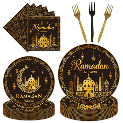 EUOYUFO 96Pcs Ramadan Party Tableware Set Eid Ramadan Mubarak Paper Plates Napkins Forks Ramadan Decorations for Home Party Supplies Serve 24 Guests : Home & Kitchen