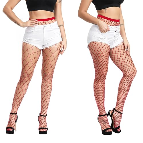 E-Laurels Womens High Waist Patterned Fishnet Tights Suspenders Pantyhose Thigh High Stockings Black - color: Red 2 Pcs L+xl