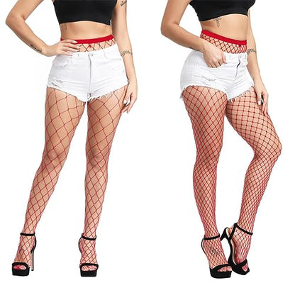 E-Laurels Womens High Waist Patterned Fishnet Tights Suspenders Pantyhose Thigh High Stockings Black - color: Red 2 Pcs L+xl