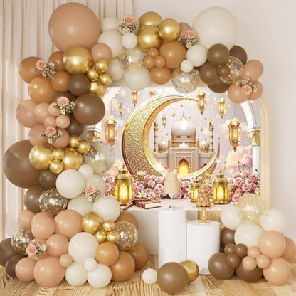 Ramadan Mubarak Backdrop for Photography 7x5FT Pink Flowers Islamic Muslim Lantern Gold Crescent Moon Castle Background Eid Mubarak Banner Decorations Photo Props