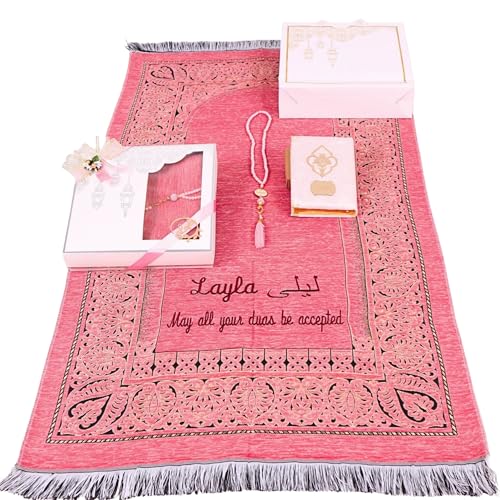 IEF Personalized Wedding Gifts Prayer Mat, Eid Gifts Quran Prayer Beads Set Birthday Gifts for Women Mother's Day Gifts Anniversary Gift Chenille Prayer Rug Pearl Prayer Beads Arabic Quran (Pink) - color: Pink