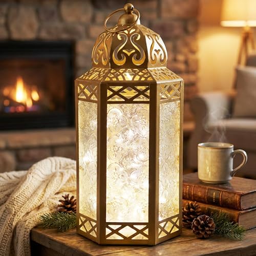 Vela Lanterns Decorative Indoor Fairy Light Ramadan Candle Holder, Gold, L | Turkish & Moroccan Decor, Eid Mubarak Decorations, Wedding Table Centerpieces, Metal Hanging Lamp, Porch Patio, 12" Tall - color: Gold/Clear, size: Large