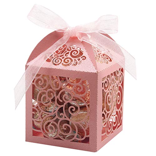 KPOSIYA 100 Pack Wedding Favor Boxes Laser Cut Boxes Party Favor Box Small Gift Boxes Lace Candy Boxes for Wedding Bridal Shower Baby Shower Birthday Party Anniverary with Ribbons (Pink, 100) - color: Pink 100