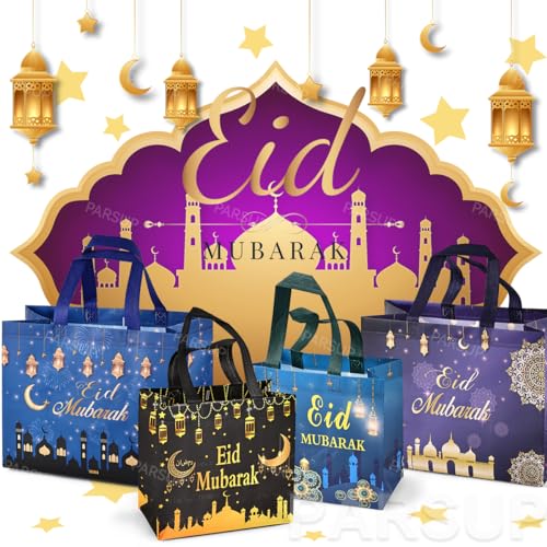 PARSUP 4PCS Eid Reusable Gift Bags, Assorted Sizes with Handles, Islamic Patterns, Non-Woven Material, Perfect for Eid Parties & Gift Giving