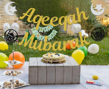 Aqeeqah Mubarak Banner - Eid Party Decorations - Muslim Islam Eid Festival Party Supplies Gold - size: Aqeeqah Mubarak