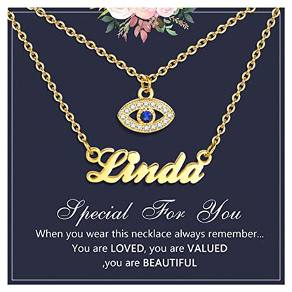 Name Necklace Personalized for Women : 18K Gold Plated Custom Name Necklace Chain Name Plate Choker Necklace Customized Gift Idea for Women Girl Female Friends Girlfriend BFF, Gold Plated/Silver - style: 2-layered evil eye+name