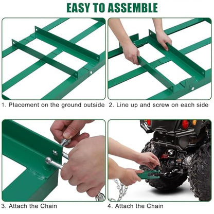 Garvee Driveway Drag Harrow 4 FT Width, Heavy-Duty Tow Behind Drag Harrow,Grader Landscape Power Rake for ATV, UTV, Tractor, Mower, Tow Behind Yard Lawn Leveling Tool with 6 FT Chain，Green | Grader Landscape Power Rake for ATV, UTV, Tractor, Mower, Tow Be