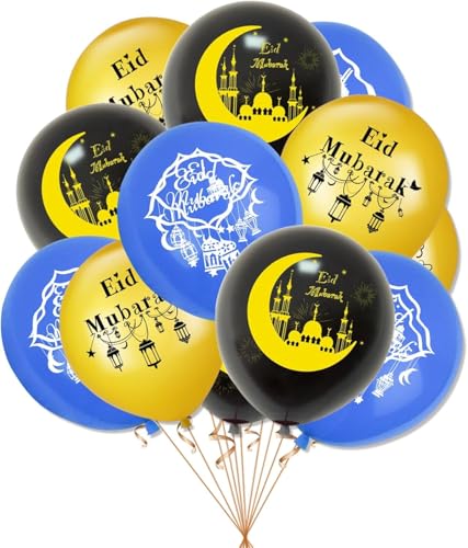Eid Mubarak Decorations Set 72 PCS - Blue & Gold Ramadan Decorations for Home with Eid Mubarak Banner, 18 Latex Balloons, Cake Toppers & Hanging Swirls - Complete Eid Al-Fitr Party Supplies Kit