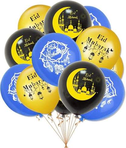 Eid Mubarak Decorations Set 72 PCS - Blue & Gold Ramadan Decorations for Home with Eid Mubarak Banner, 18 Latex Balloons, Cake Toppers & Hanging Swirls - Complete Eid Al-Fitr Party Supplies Kit