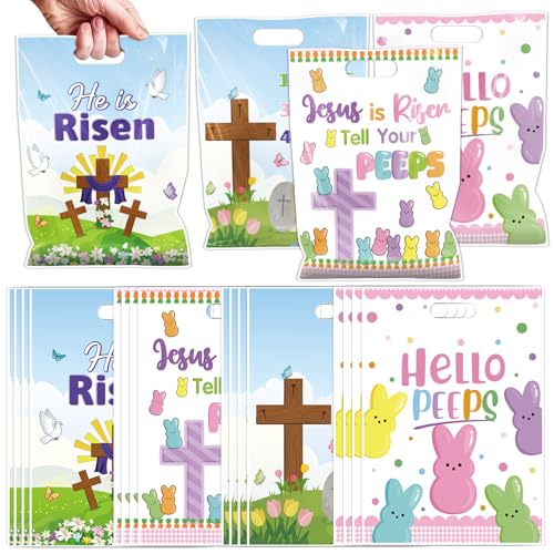 Falueqg Religious Easter Party Favor Bags - 100 Pcs He is Risen Happy Easter Goodie Candy Gift Bags Cross Rabbit First Communion Party Favors for Christian Spring Jesus Holiday Baptism Supplies - color: Easter