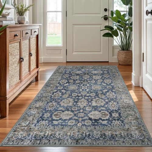 KOZYFLY Vintage 4x6 Rug Washable Large Rugs for Entryway Blue Floral - color: Blue, size: 4' x 6' (Rectangular)