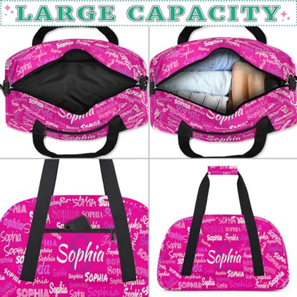 Personalized Gym Bag Kids Girls Business Trip, Deep Pink Color | Custom Name Carry On Weekender Gymnastics Dance Bag for Women Traveling - color: Color 14