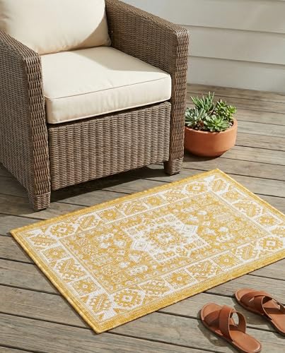 Rugs.com - Outdoor Aztec Rug – 2' x 3' 1 Yellow Indoor/Outdoor Rug – Weather Resistant for Patios, Decks, and Porches - color: Yellow, size: 2' x 3' (Rectangular)