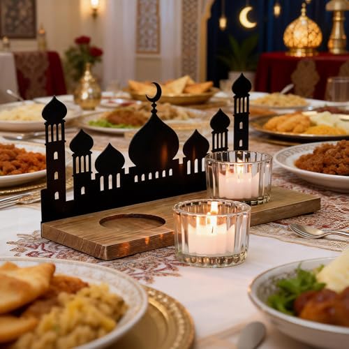 Wooden Ramadan Decorations for Home, Mosque Candle Holder with 2 Glass Tealight Votive Holders, Eid Mubarak Table Decor Centerpiece, Islamic Gifts for Ramadan Kareem, Muslim Home Decor