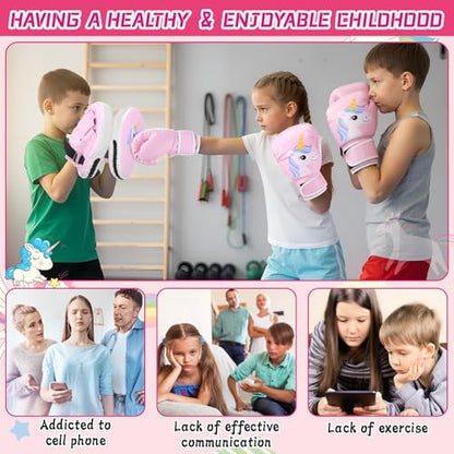 Boxing Gloves and Punching Mitts Set 4oz Gloves Boxing Pads Kids Youth Sparring Gear Training Equipment for Taekwondo Kick Karate Muay Thai MMA Martial Art - style: Pink Unicorn