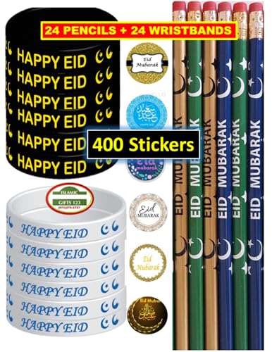 448 Pcs Eid Mubarak Pencils Wristbands Stickers Set Eid Pencils Eid Wristbands Eid Stickers Eid Mubarak Party Ramadan Gift for Muslims (Eid Pack) - color: Eid Pack