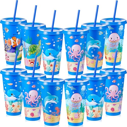 Chuangdi 12 Pcs Under The Sea Party Cups 24 oz Reusable Plastic Tumblers with Lids and Straws Themed Drinking Cups for Birthday Decorations Ocean Sea Party Favors Supplies Gifts - style: Sea