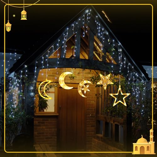 Tujoe 5 Pcs Ramadan Decorations Lights Eid Mubarak Moon Star Window Light LED Battery Powered Islam Window Silhouette Light Islamic Muslim Ramadan Hanging Decor for Wall Home Baby Room Outdoor Patio