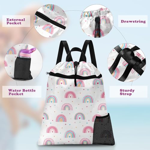 Rainbow Drawstring Backpack, 15” x 17” Waterproof Swim Bag for Beach Swimming Pool, Lightweight Foldable Gym Bag with Water Bottle Holder for Sports Travel - color: Rainbow