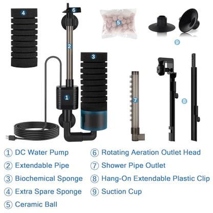 hygger USB Single Sponge Filter, Small Aquarium Filter with Adjustable Hanging Clip and Suction Cup, Duckbill Outlet, Rain Pipe Outlet, Extra Spare Sponge