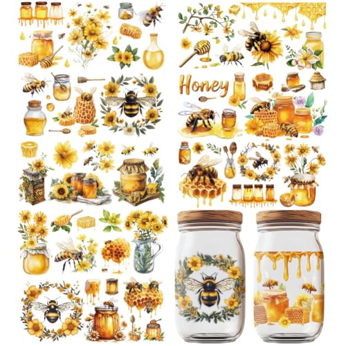 10 Sheets UV DTF Cup Wraps, 10 Styles Sweet Honey Decals Cartoon Bee Theme Rub on Decals Waterproof Transfer Stickers for Glass Cups Wood Crafts - style: Sweet Honey