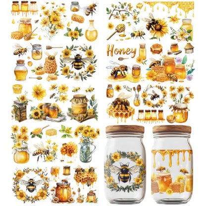 10 Sheets UV DTF Cup Wraps, 10 Styles Sweet Honey Decals Cartoon Bee Theme Rub on Decals Waterproof Transfer Stickers for Glass Cups Wood Crafts - style: Sweet Honey