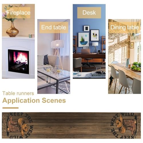 Rustic Western Table Runner, Wild West Cowboy Hat Boot Wooden Design Farmhouse Country Table Runner for Kitchen Dining Party, 13x36 Inch - color: Cowboy -9, size: W13"x L36"