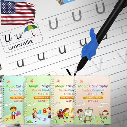 4 Magic Tracing Practice Books – Grooved Handwriting English Copybooks for Kids, Reusable Writing Practice Workbooks Without Tears, Disappearing Ink for Toddlers Preschool Learn (English) - color: English