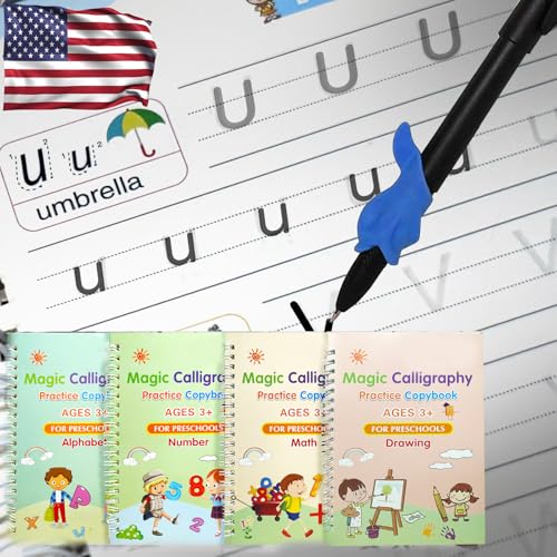 4 Magic Tracing Practice Books – Grooved Handwriting English Copybooks for Kids, Reusable Writing Practice Workbooks Without Tears, Disappearing Ink for Toddlers Preschool Learn (English) - color: English