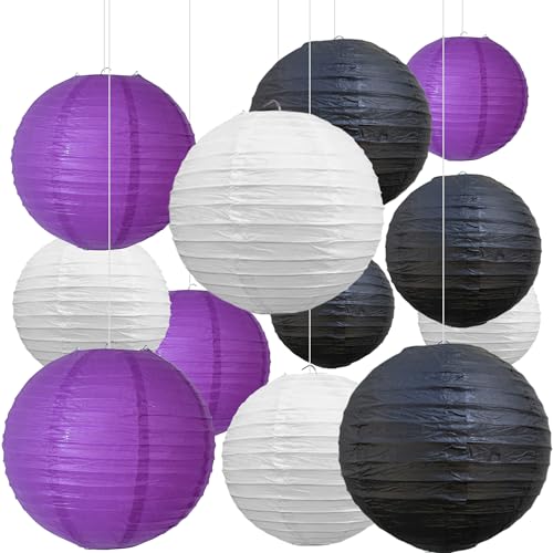 BEISHIDA Black Purple White Paper Lanterns 6/8/10/12Inch Round Chinese Lamp - color: Black purple white, size: 6、8、10、12 Inch