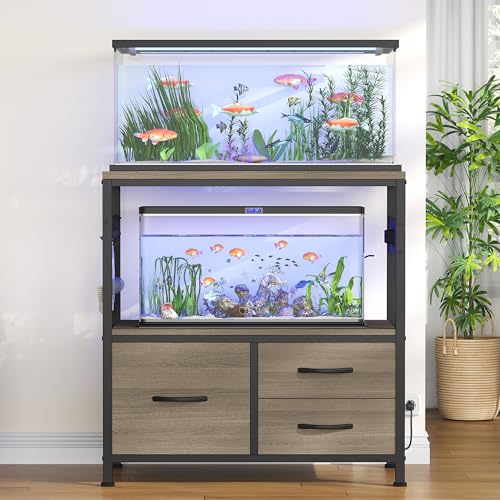 Heybly 20-29 Gallon Fish Tank Stand, Aquarium Stand with Drawer, Power Outlet, Heavy Duty Metal Frame, for Fish Tank, Turtle & Reptile Terrarium, 31.5" x 15.7" Top, 330lbs, Rustic Gray HAS001SG - color: Greige, size: 20-29 gal