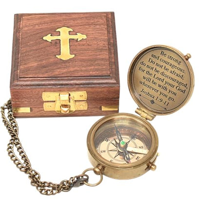 Engraved Personalized Inscription Antique Brass Compass Engraved with Leather Case Son Mom Children Gift Baptism Birthday Easter Decor - style: Josua 1:9 -11 Engraved with Holy CROSS