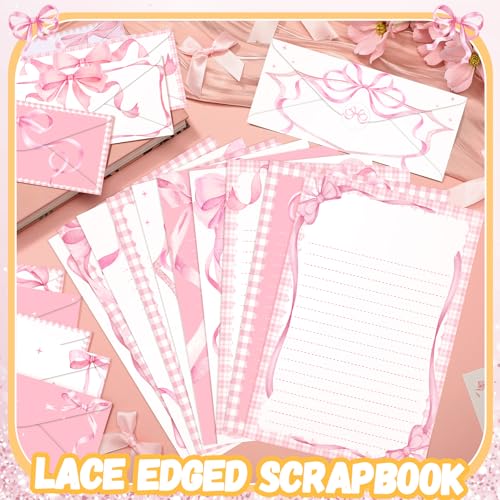 TaoBary 160 Pcs Stationery Paper Set 50 Double Sided Stationery Papers with 50 Matching Envelopes and 60 Round Dot Sticker, 10 Design(Pink Bow,8.5 x 11 Inch) - size: 8.5 x 11 Inch, style: Pink Bow