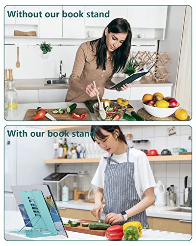 MSDADA Desk Book Stand Metal Reading Rest Book Holder Adjustable Cookbook Documents Holder Portable Sturdy Bookstands for Recipes Textbooks Tablet Music Books with Page Clips (Light Lake Green) - color: Light Lake Green