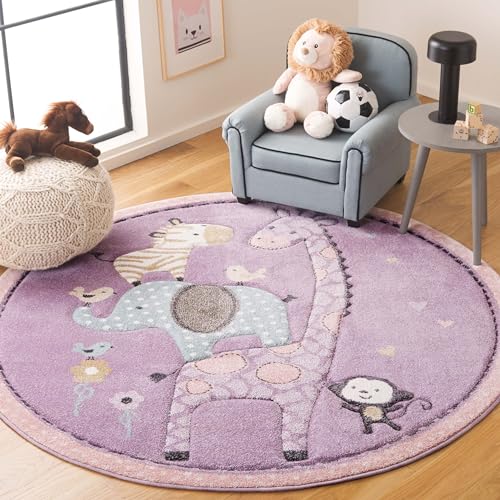 SAFAVIEH Carousel Kids Collection Area Rug - 4' Round, Purple, Animal Design, Easy Care & Non-Shedding, Ideal for High Traffic Areas for Boys & Girls in Playroom, Nursery (CRK120V-4R) - color: Purple, size: 4' (Round)