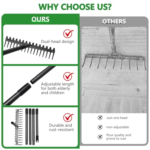 63 inch Bow Rake, 2-in-1 Metal Garden Lawn Rake for Weeding Digger Loosening Soil Raking Leaf Leveling Rocks Spreading Mulch Gravel 17 Tines Adjustable Garden Rake - style: 63 inch