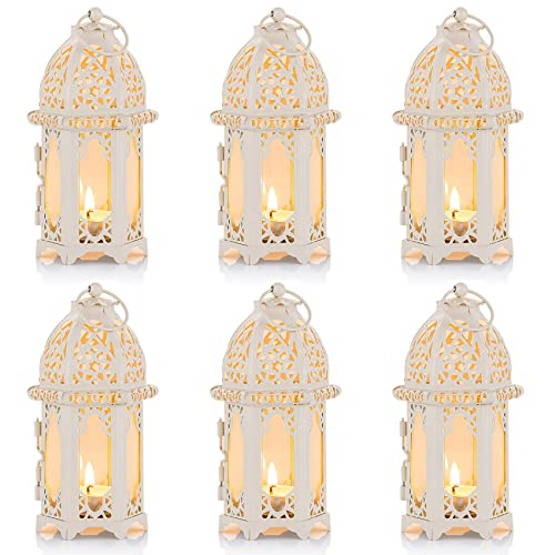 NUPTIO 6 Pcs Moroccan Style Candle Lantern - Small Sized Tealight Candle Holder with Transparent Glass Panels Great for Patio, Indoors/Outdoors, Events, Parties and Weddings, White - color: White, size: 6 Pcs Small Size