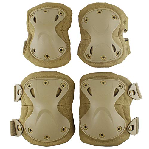 Combat Knee & Elbow Protective Pads Set for Outdoor CS Paintball Game Cycling Safety Skateboarding Gear Skates Knee Protection Guard Pads - color: Tan