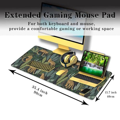 Extra Large Mouse Pad Yellow Green Office Desk Mats Gaming Mousepad Ga Mouse Pad Non-Slip Rubber Base Waterproof with Stitched Edges 35.4" X 15.7" for Game Office, Tropical Leaves - color: Leopard/Tropical Leaves
