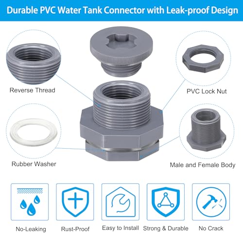 PATIKIL PVC Bulkhead Fitting with Plug NPT1", 4 Pack Bulkhead Water Tank Connector with Silicone Seal Gasket Garden Hose Fitting with Plug for Rain Bucket, Sinks, Aquariums, Gray