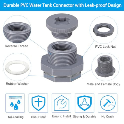 PATIKIL PVC Bulkhead Fitting with Plug NPT1", 4 Pack Bulkhead Water Tank Connector with Silicone Seal Gasket Garden Hose Fitting with Plug for Rain Bucket, Sinks, Aquariums, Gray