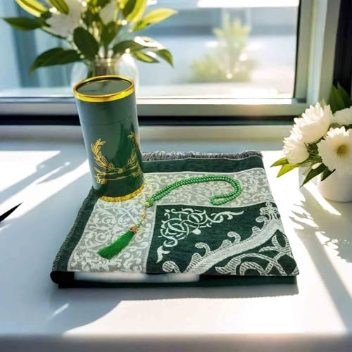Portable Muslim Prayer Rug and Beads with Gift Box, Soft Islamic Prayer Mat,Travel Praying Mat for Men and Women, Prayer matt Islam Gifts Set, Sajadah/Janamaz/Seccade/سجادة صلاة (Green) - color: Green
