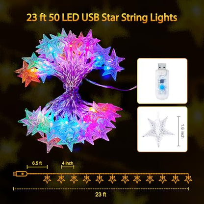Minetom 색상 변경 별 스트링 조명 - 7m(23피트) 50개의 LED 라마단 장식 별 요정 조명, 리모컨 및 타이머 포함, 16가지 색상 및 7가지 모드, 침실 파티 실내 장식용 USB 전원 스트링 조명 - size: 23 FT