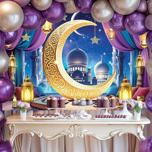 Eid Mubarak Banner Backdrop 8x6FT Purple Islamic Muslim Lantern Moon Star Castle Ramadan Photography Background Eid Mubarak Party Decorations Eid Al Fitr Party Supplies - size: 8x6FT：96'x72'