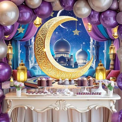 Eid Mubarak Banner Backdrop 8x6FT Purple Islamic Muslim Lantern Moon Star Castle Ramadan Photography Background Eid Mubarak Party Decorations Eid Al Fitr Party Supplies - size: 8x6FT：96'x72'