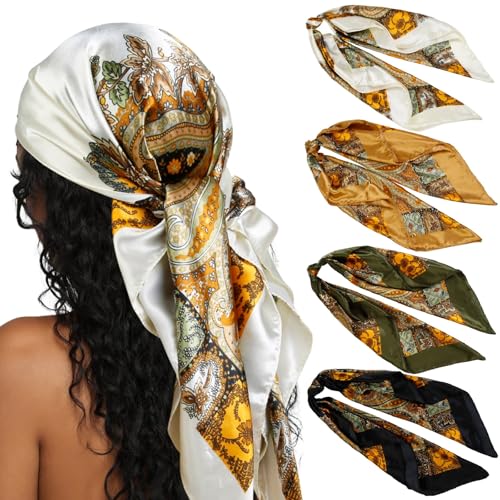 AKTVSHOW Head Scarf for Women Like Silk Square Hair Scarves, Scarf Bandanas for Women 35 Inches - color: Black/Green/Camel/Beige